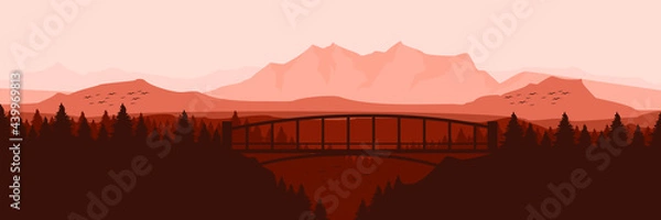 Fototapeta bridge on the mountain sunset landscape vector flat design illustration good for wallpaper, background, design template, backdrop template, and tourism design template