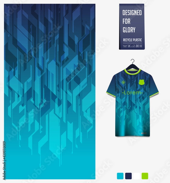 Fototapeta Soccer jersey pattern design. Geometric pattern on blue abstract background for soccer kit, football kit or sports uniform. T-shirt mockup template. Fabric pattern. Sport background. 