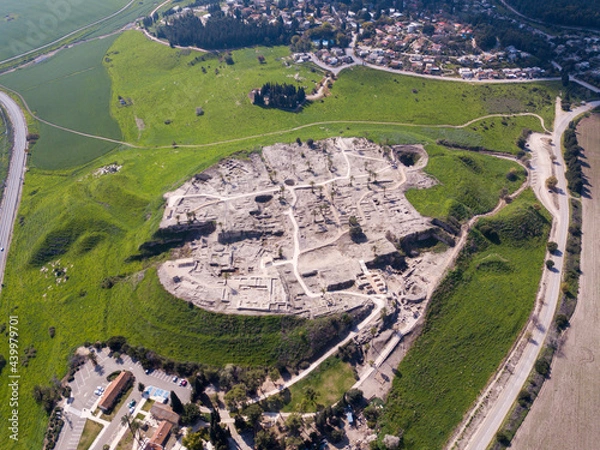 Fototapeta Megiddo national park in Israel. Archeological site of biblical Tel Megiddo also known as Armageddon the end of the world.