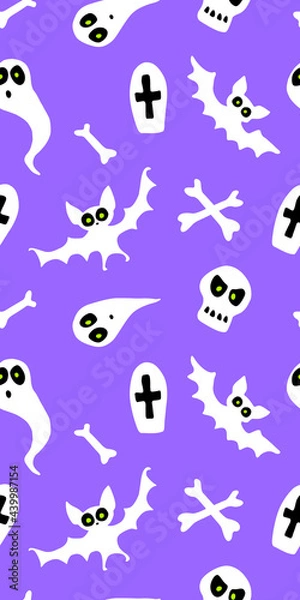 Fototapeta Happy Halloween-seamless pattern with set of characters-bats, ghosts, skulls and bones. Textured background for greeting card, invitation, party poster, banner