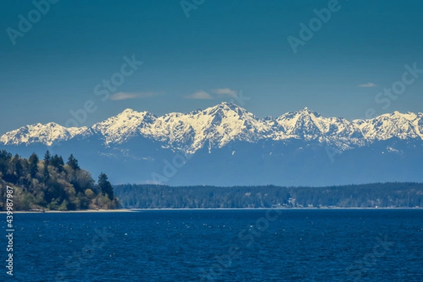 Fototapeta Chambers Bay, Tacoma, Washington. USA. Stunning Stunning view of the Olympic Mountains across the water from Chambers  Bay.....home of Chambers Bay Golf Course, site of the 2015 US Open