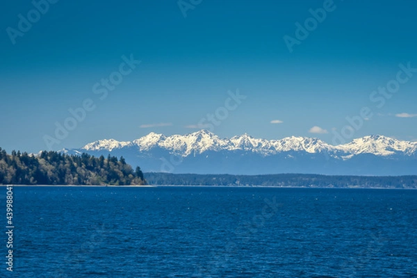 Fototapeta Chambers Bay, Tacoma, Washington. USA. Stunning Stunning view of the Olympic Mountains across the water from Chambers  Bay.....home of Chambers Bay Golf Course, site of the 2015 US Open
