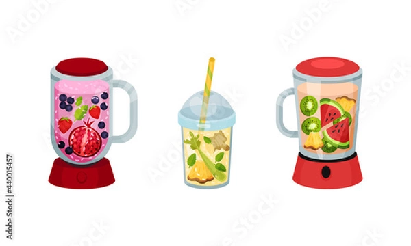 Fototapeta Smoothie in Blender and Glass with Straw with Different Ingredients Mixing Together Vector Set