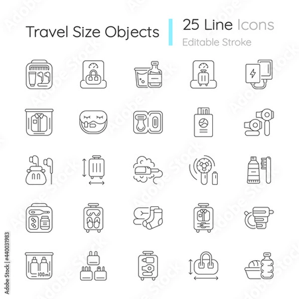 Fototapeta Travel size objects linear icons set. Portable stuff for flight passenger. Essential things for tourist. Customizable thin line contour symbols. Isolated vector outline illustrations. Editable stroke