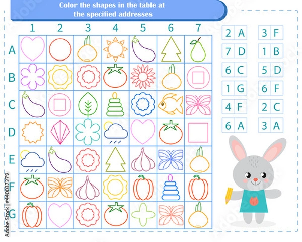 Fototapeta  Logic game for children. Find the figures at the address. Color only these shapes