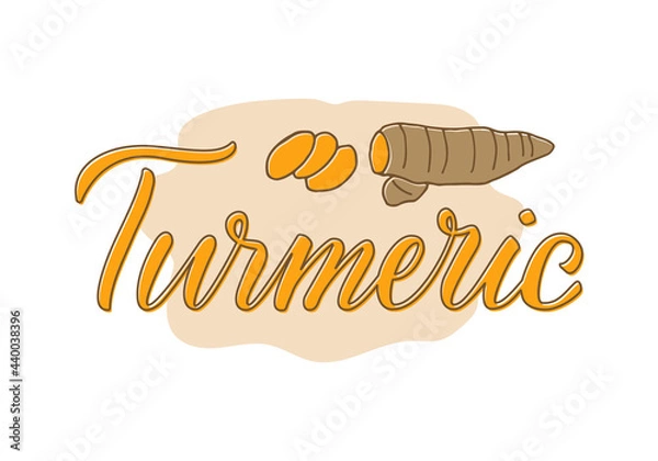 Fototapeta Vector illustration of turmeric lettering for packages, product design, banner, spice shop  price lists. Handwritten word with the root and slices 
