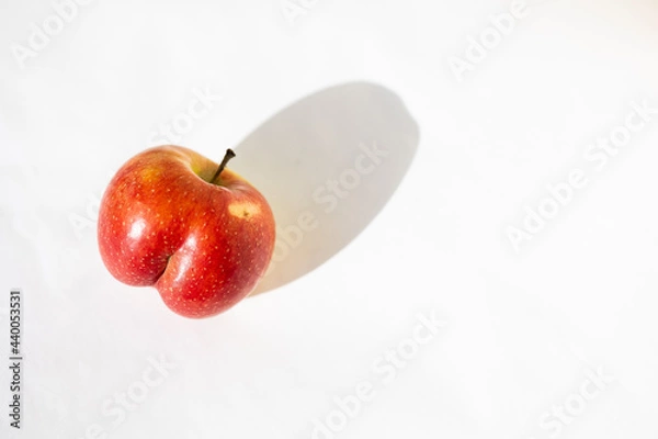 Fototapeta Bright ripe red apple of an unusual shape of an ass shine in the light of the sun with long shadow on a white background. Top view