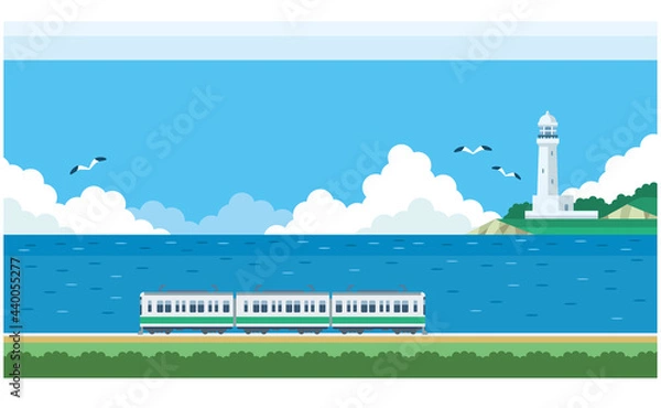 Obraz 電車と海と灯台のイラスト素材
