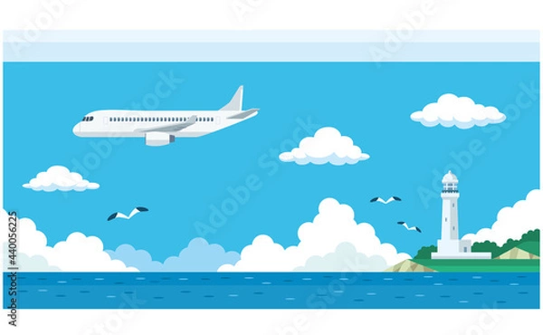 Obraz 飛行機と海と灯台のイラスト素材