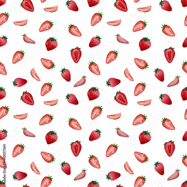 Fototapeta Watercolor hand painted Seamless Pattern with Strawberries on a white background. Perfect for wrapping, scrapbooking, wallpaper, fabric, decor. 