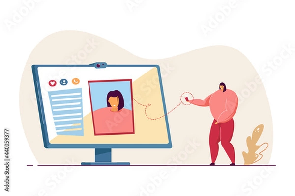 Obraz Girl taking profile picture for social network. Photo on computer screen flat vector illustration. Avatar, user image, photography concept for banner, website design or landing web page