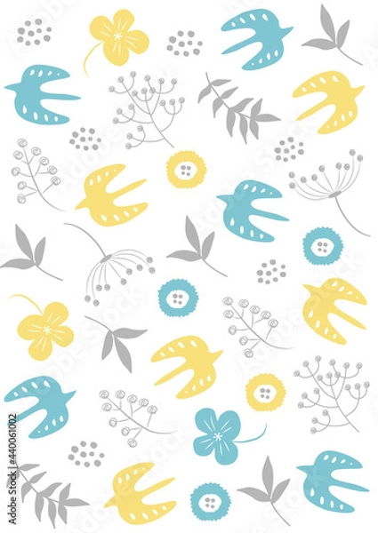 Fototapeta 北欧風_鳥と草花パターン