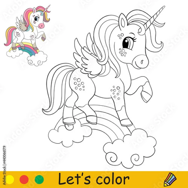Obraz Cartoon jumping unicorn in a smart harness coloring