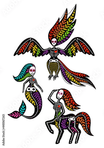 Fototapeta Vector colorful set of skeletons of fairytale creatures with floral design, isolated on white background. Dia de los Muertos, Day of the dead or Halloween concept. Mermaid, centaur, bird