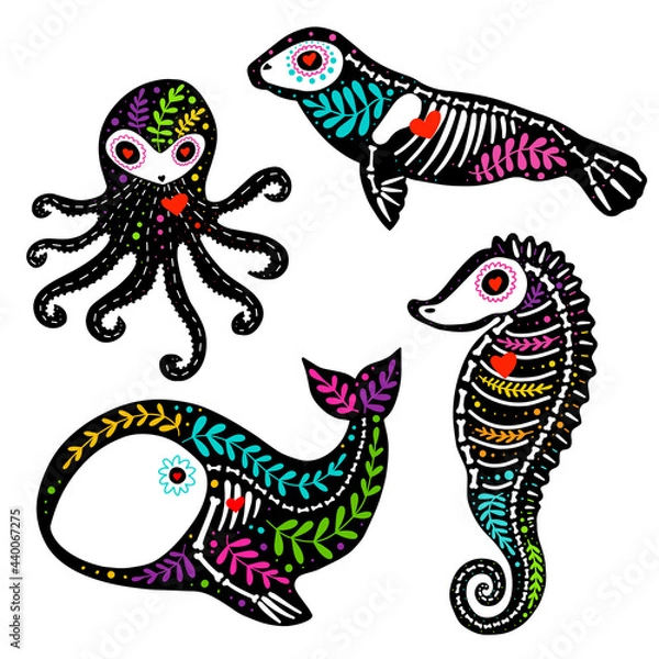 Fototapeta Vector colorful set of skeletons of sea dwellers with floral design, isolated on white background. Dia de los Muertos, Day of the dead or Halloween concept. Octopus, seal, whale, sea horse