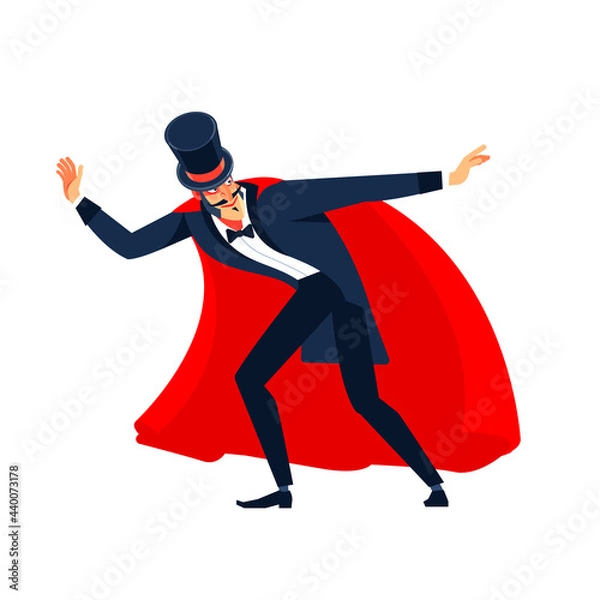 Fototapeta Showman spreading hands, show begins. Magician wearing suit, red cloak and top hat standing. Snowman posing playful looking aside smiling cheerful full body shot. Cartoon vector illustration isolated