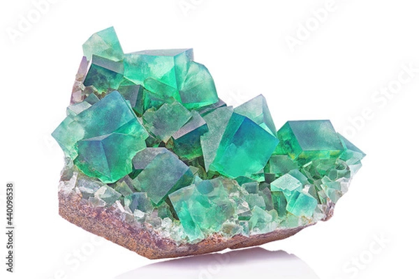 Fototapeta Amazing macro closeup of green blue rare fluorite mineral specimen isolated on white background. Rare double color mineral gem stone (fluorspar) from Rogerley in England. Natural cubic crystals