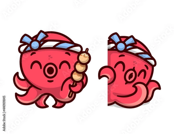 Fototapeta CUTE RED OCTOPUS WEARING JAPANESE HEADBAND AND BRINGING  TAKOYAKI IN TWO DESIGN OPTION. HIGH QUALITY CARTOON MASCOT DESIGN.