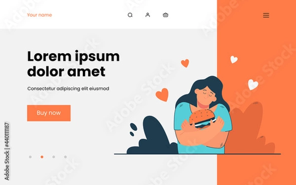 Fototapeta Woman holding hamburger with affection. Young female character embracing fast food with love. Red hearts flying in air. Food love concept for banner, website design or landing web page
