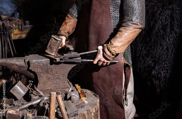 Obraz Viking forge weapon sword man warrior clothe fire
