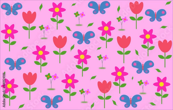 Obraz Colorful cute hand drawn floral and butterfly pattern background