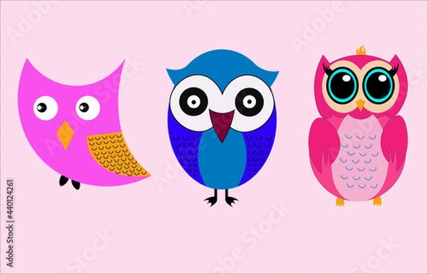 Obraz Three colorful owls on a pink background