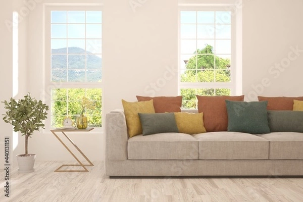 Fototapeta Minimalist living room in white color with sofa and summer landscape in window. Scandinavian interior design. 3D illustration