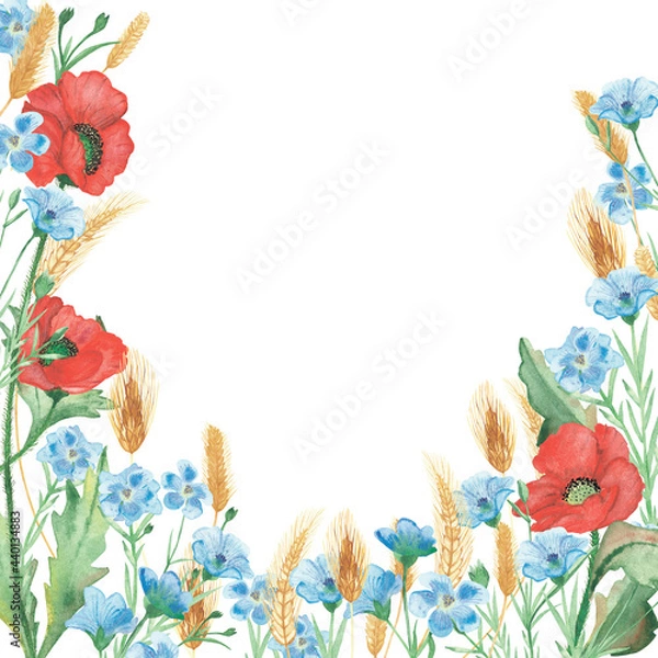 Fototapeta Watercolor hand painted  nature floral frame with red poppy, blue linen flax flowers on green branch and yellow rye ear cereals bouquet on the white background for invite and greeting card 