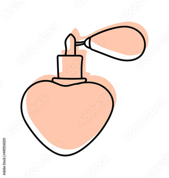 Fototapeta Vector illustration of a perfume bottle in line style. With a background of pastel colors in the form of a silhouette of perfume. Can be used as an icon, sign, sticker, logo.