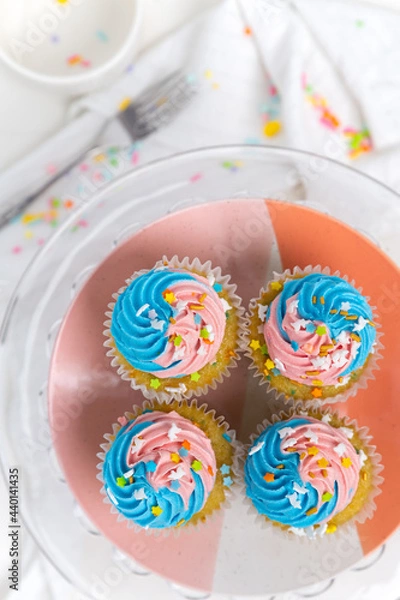 Fototapeta Bright and colorful pink and blue cupcakes with sprinkles for a birthday celebration