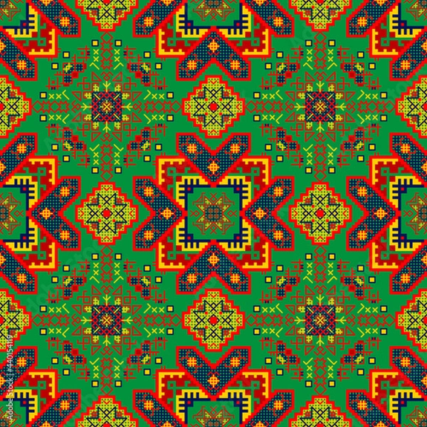 Obraz Decorative seamless backgrounds, tribal texture. Simmetric fabric print. Vector elaborated illustration in the style of folk embroidery whith symbols of love and fertility.