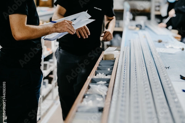 Fototapeta Workers in blinds manufacturing factory