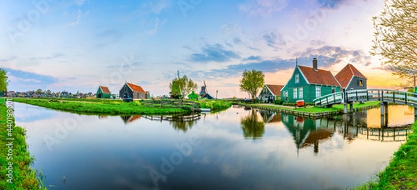 Fototapeta Sunset panorama of Zaanse Schans windmill village in Netherlands 