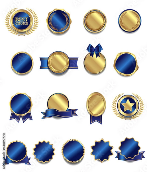 Obraz メダル 王冠 エンブレム リボン セット フレーム 青