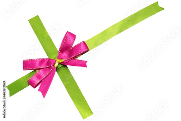 Fototapeta Pink bow on green ribbon