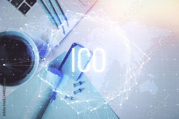 Fototapeta Blockchain theme hologram drawings over computer on the desktop background. Top view. Multi exposure. Concept of cryptoeconomy.