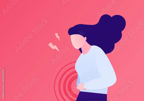 Obraz Painful female periods concept. Vector flat character illustration. Woman standing and suffering menstrual abdominal pain isolated on pink background. Design for health care.