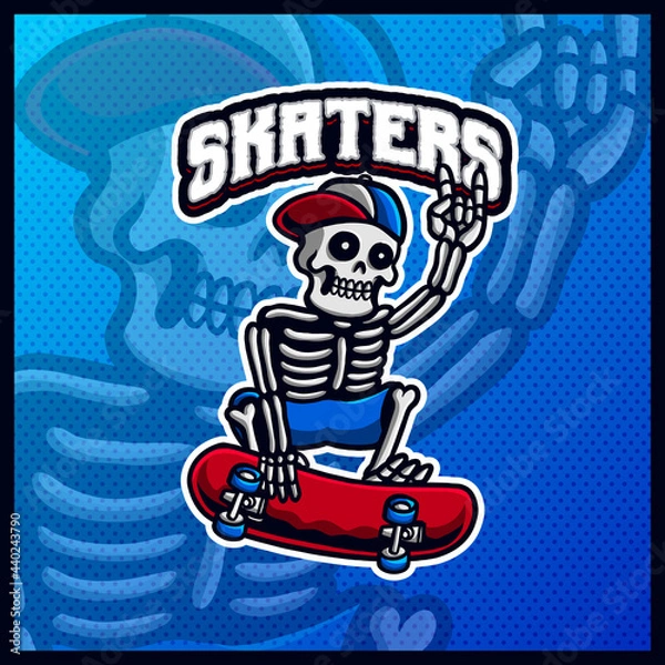 Fototapeta skull riding skateboard mascot esport logo design illustrations vector template, skaters logo for team game streamer youtuber banner twitch discord, full color cartoon style