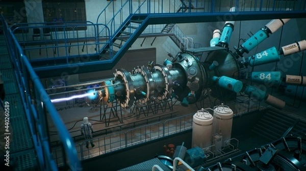 Obraz Scientists watch the work of a time machine or a futuristic thermonuclear reactor. A physicist controls a time machine. 3D Rendering.