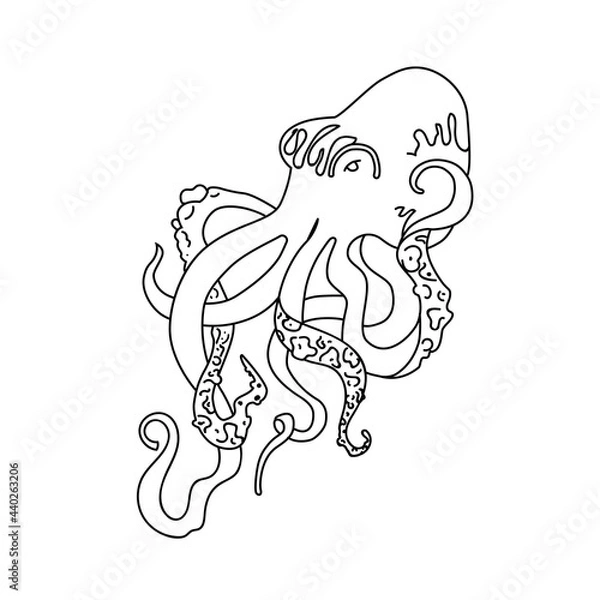 Obraz Octopus. Silhouette in line vector. Black food illustration for use in packaging design, web and mobile applications, logo.