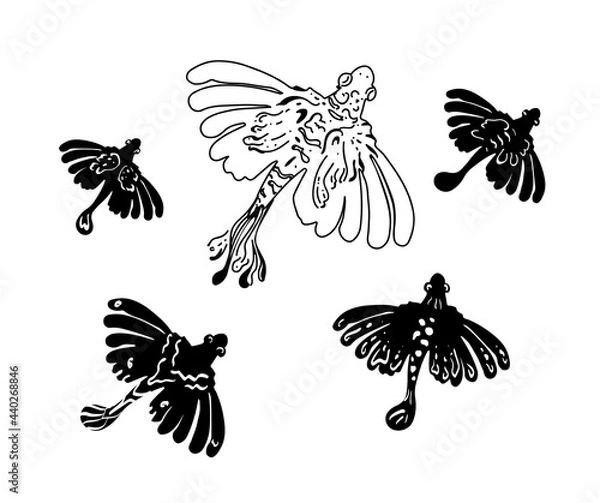 Obraz Minimalism Fish silhouettes in line drawing style. 5 different fish for use in packaging design, web and mobile applications, logo.
