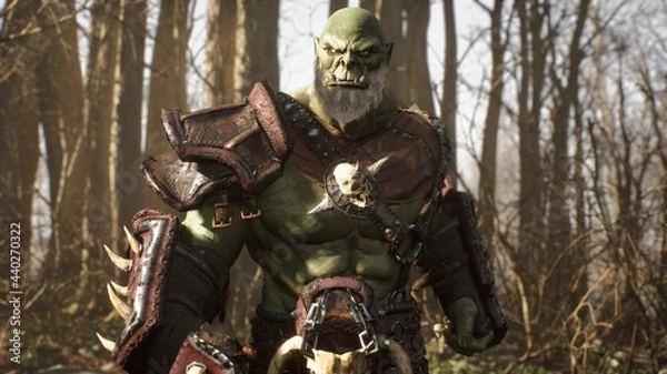 Fototapeta A formidable orc warrior trains before battle and demonstrates combat skills. Fantasy medieval concept. 3D Rendering.