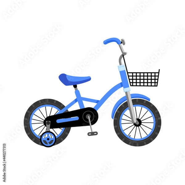 Obraz Blue children's bicycle with a basket. Bicycle, four-wheeled bicycle icon. Vector flat isolated object on a white background.