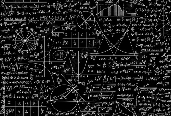 Obraz Mathematical vector seamless pattern with handwritten math and physics plots, figures, calculations