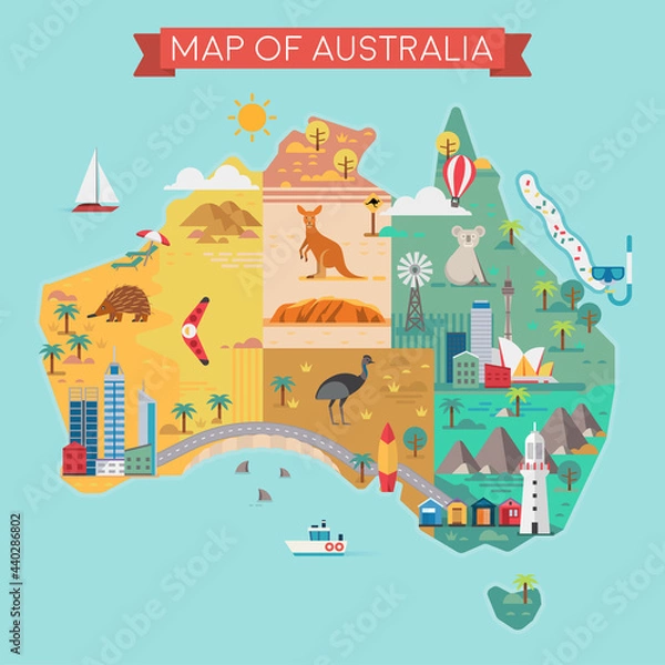 Obraz Map of Australia. Colorful landmarks.