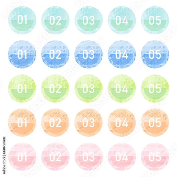 Fototapeta 淡い色・カラフル水彩の数字のアイコンのセット／数／ランキング／番号