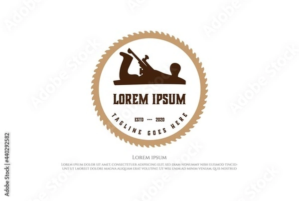 Obraz Vintage Retro Jack Plane with Circular Saw Blade for Carpentry Woodworking Logo Design