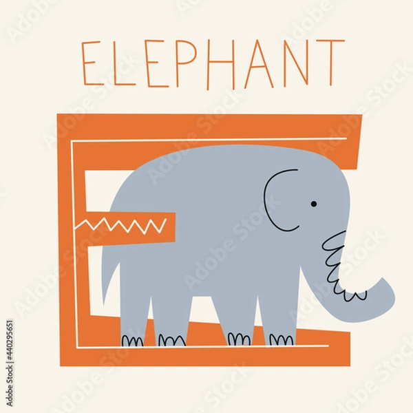 Fototapeta Vector flat illustration for children's alphabet. The letter E and the elephant on the background.