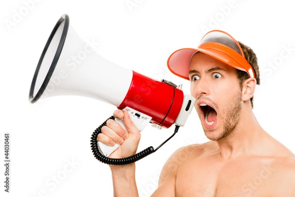 Fototapeta Closeup of crazy lifeguard man shouting in megaphone on white