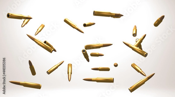 Obraz 3D rendering, Close up military bullets falling in the air, white and shadow background.